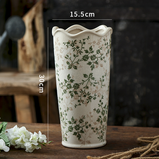 Retro ceramic vase decoration with floral design and measurements, perfect for home decor.